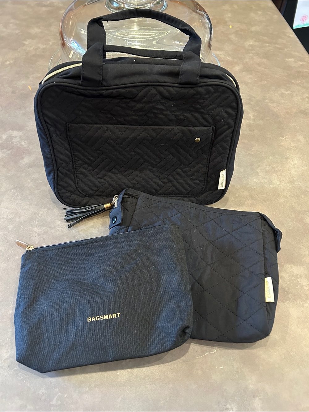 Bagsmart 3 pc Black Quilted Travel Toiletry & Accessory Bag Organizer Set